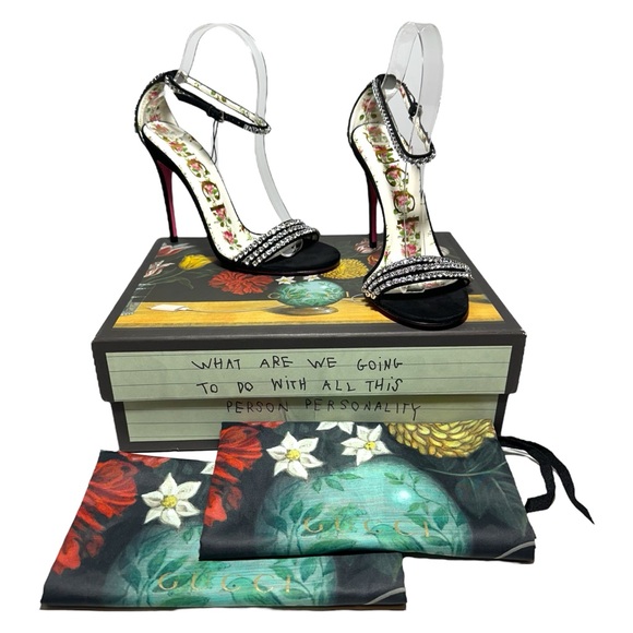 GUCCI Kid Scamosciato Crystal Ankle Strap High Heel Suede Sandals size 37.5 - Picture 1 of 16